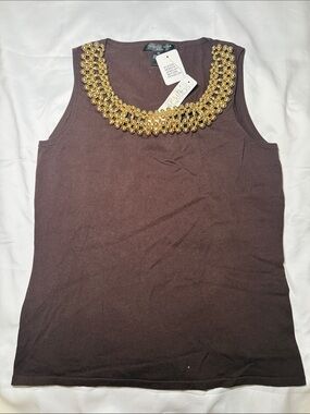 august silk Brown Sleeveless Tank with Gold Beaded Collar